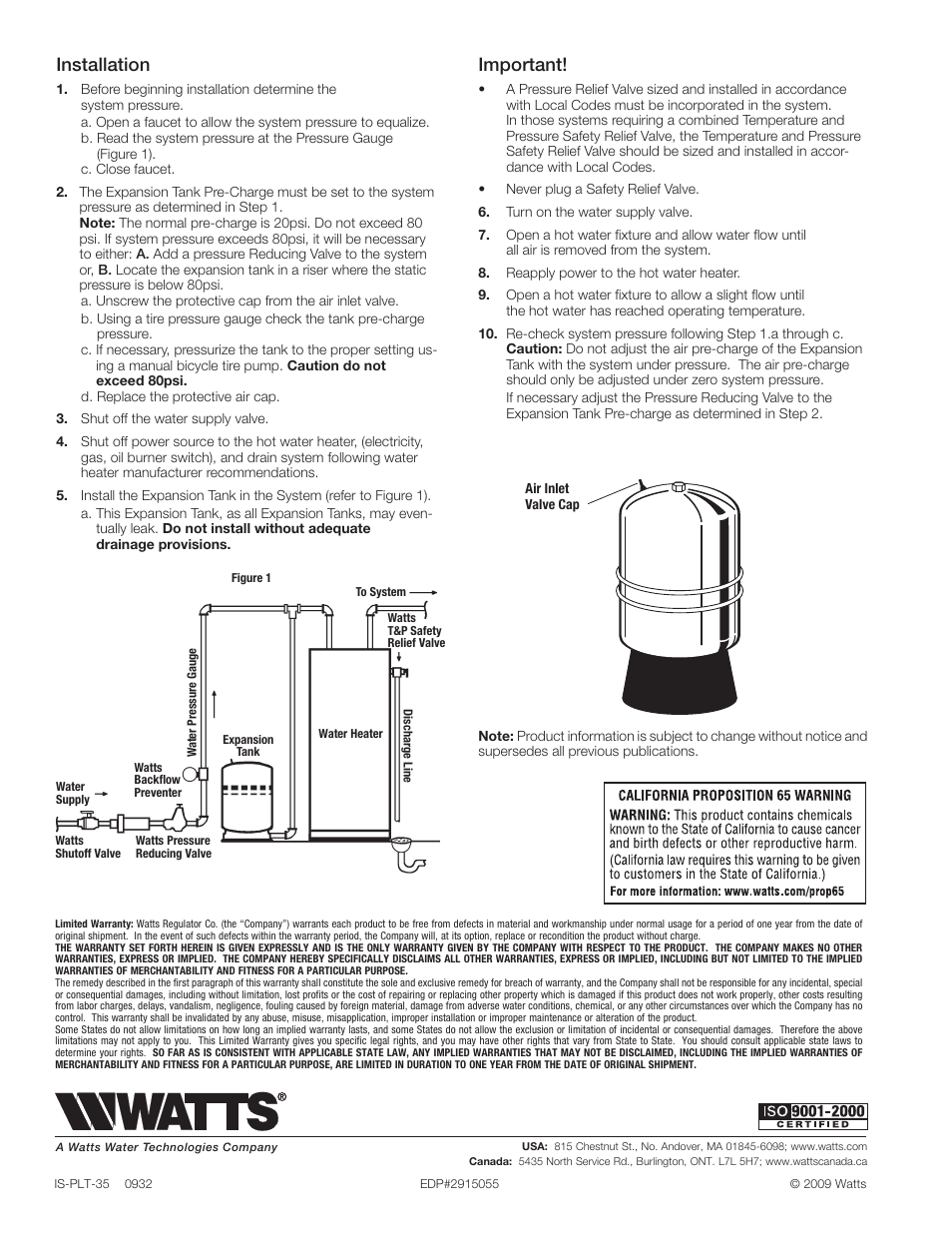 Installation, Important | Watts PLT User Manual | Page 2 / 2
