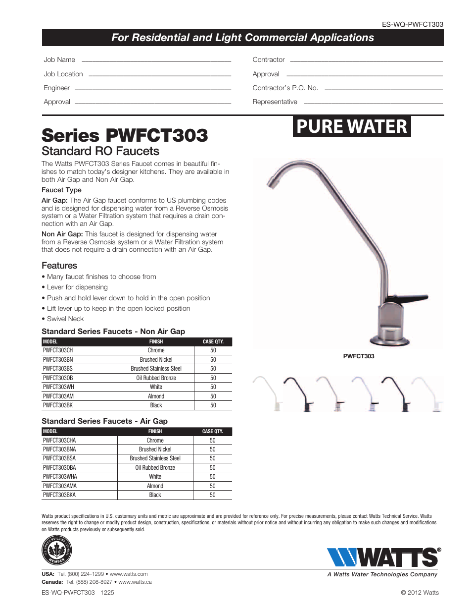 Watts PWFCT303 Non-Air Gap User Manual | 1 page