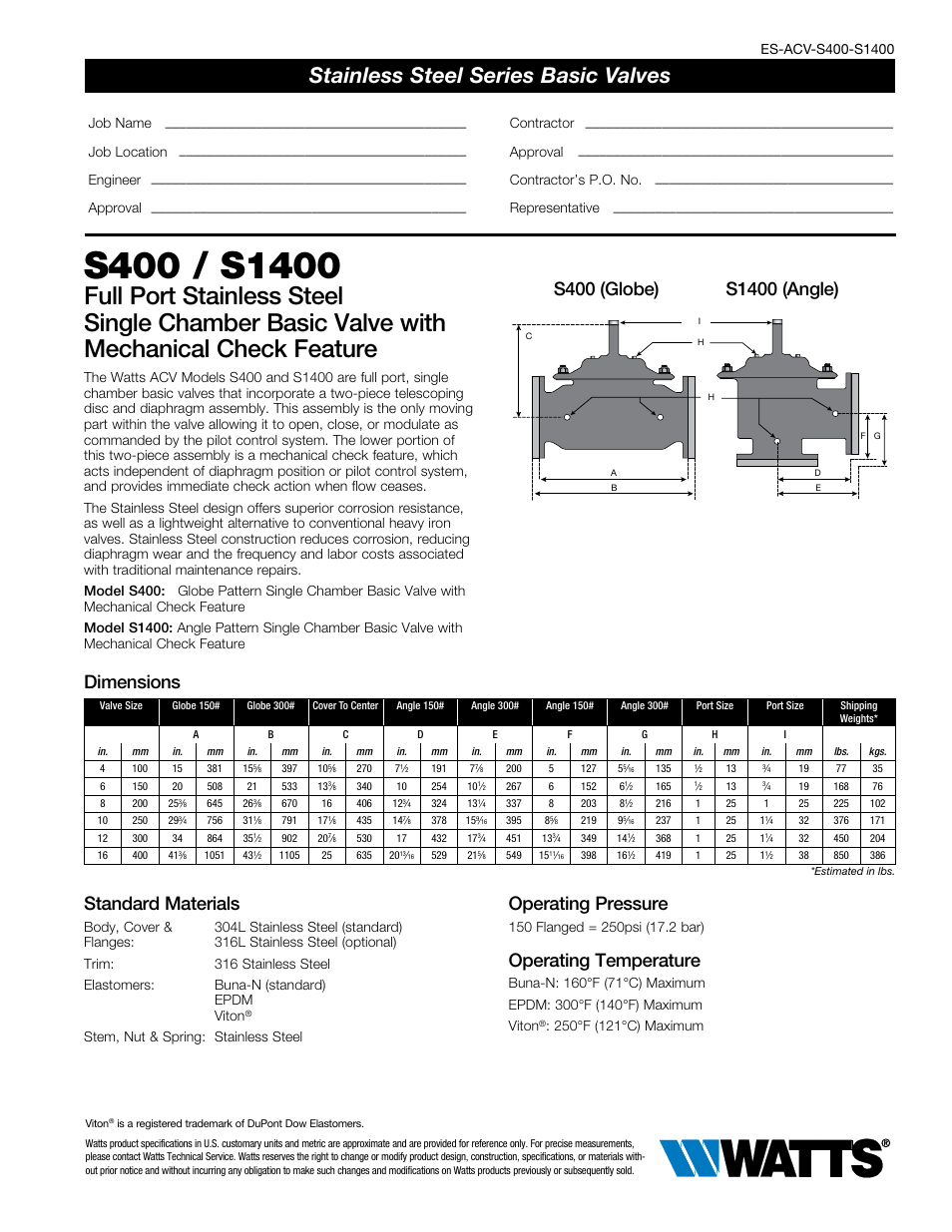 Watts S400 / S1400 User Manual | 2 pages