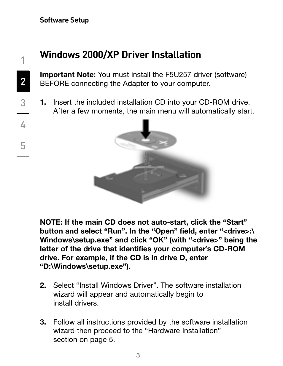 Windows 2000/xp driver installation | Belkin F5U257 User Manual | Page 5 / 12