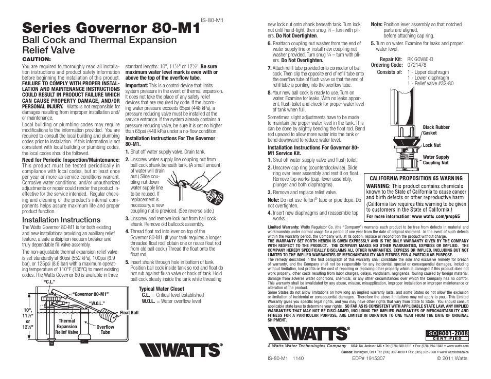 Watts Governor 80 User Manual | 2 pages