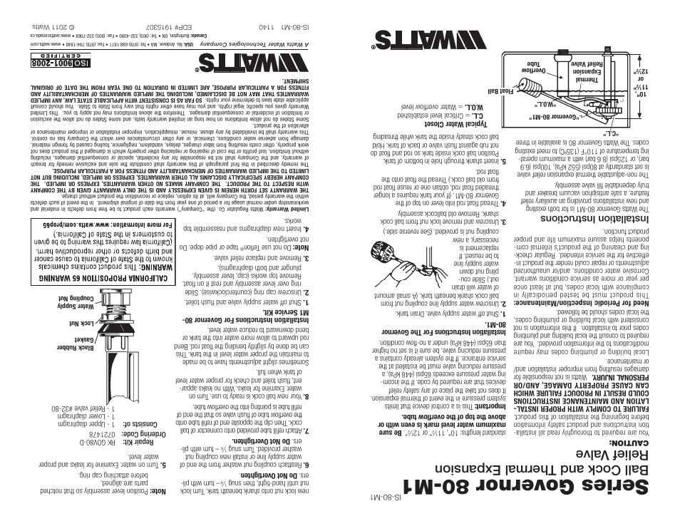 Series governor 80-m1, Ball cock and thermal expansion relief valve, Installation instructions | Watts Governor 80 User Manual | Page 2 / 2