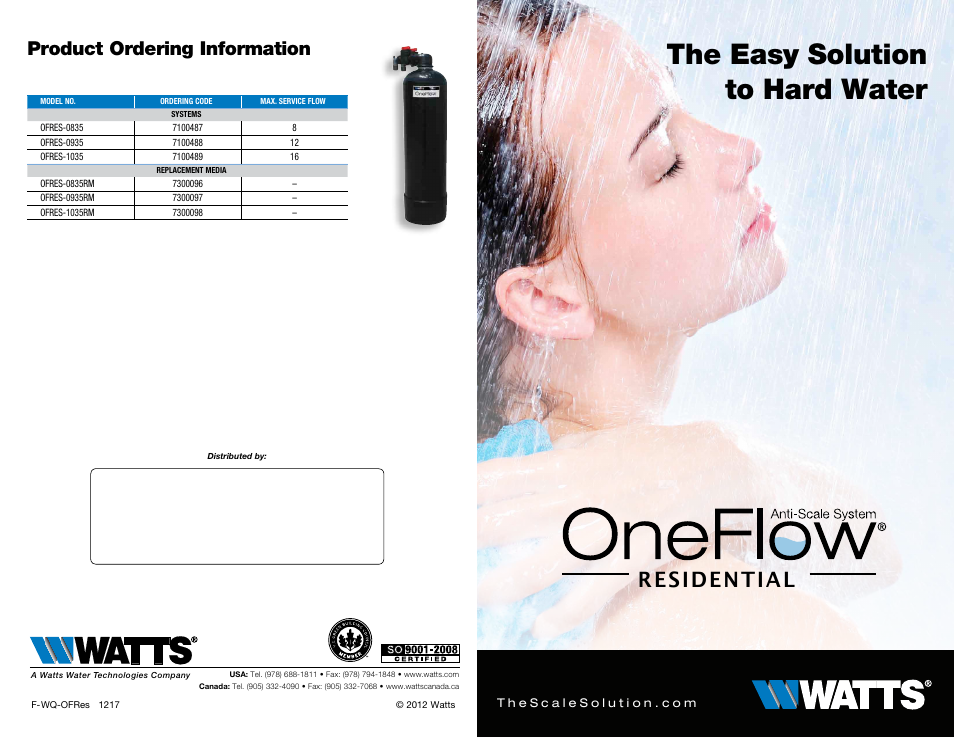 The easy solution to hard water, Residential, Product ordering information | Watts OFRES-0835 User Manual | Page 4 / 4