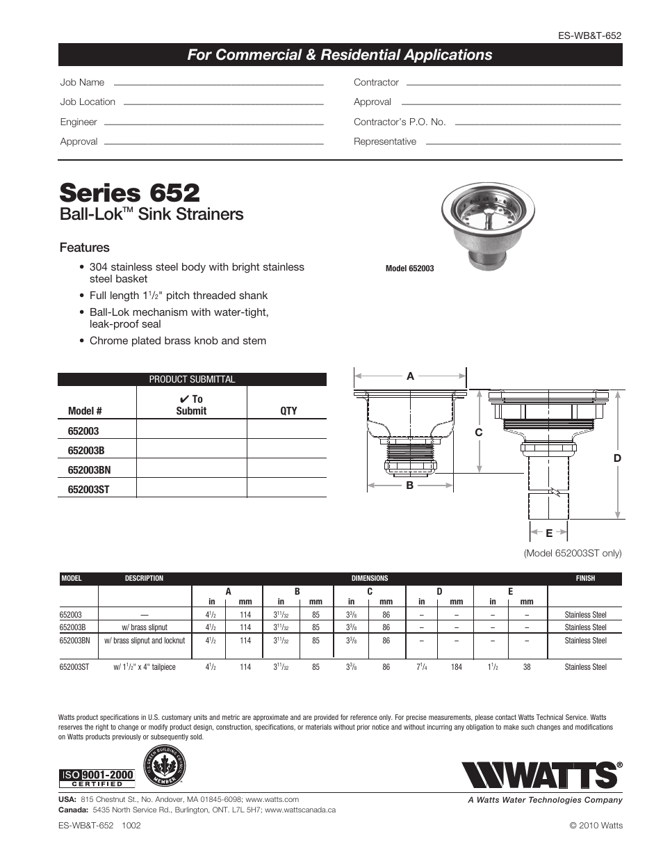 Watts 652 User Manual | 1 page