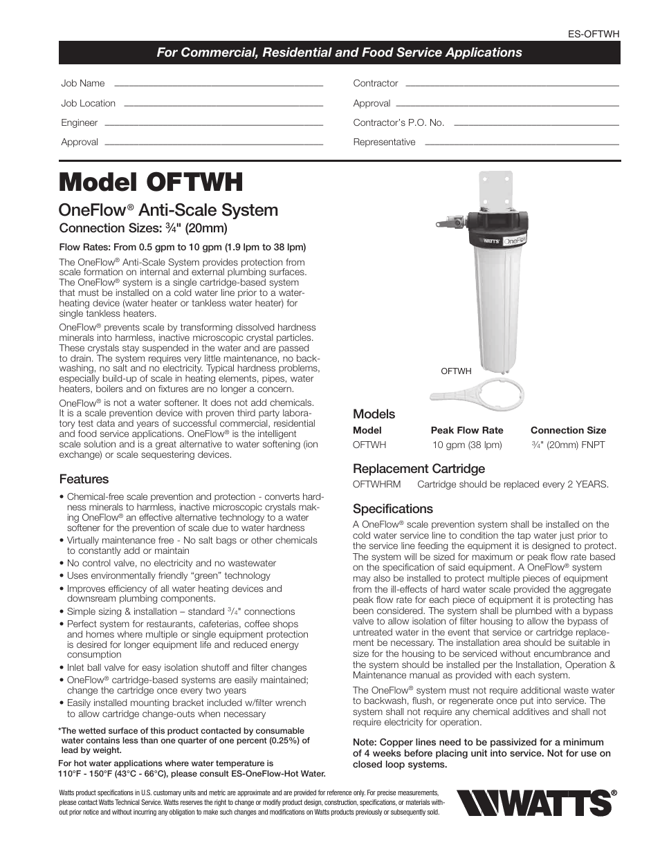 Watts OFTWH User Manual | 2 pages