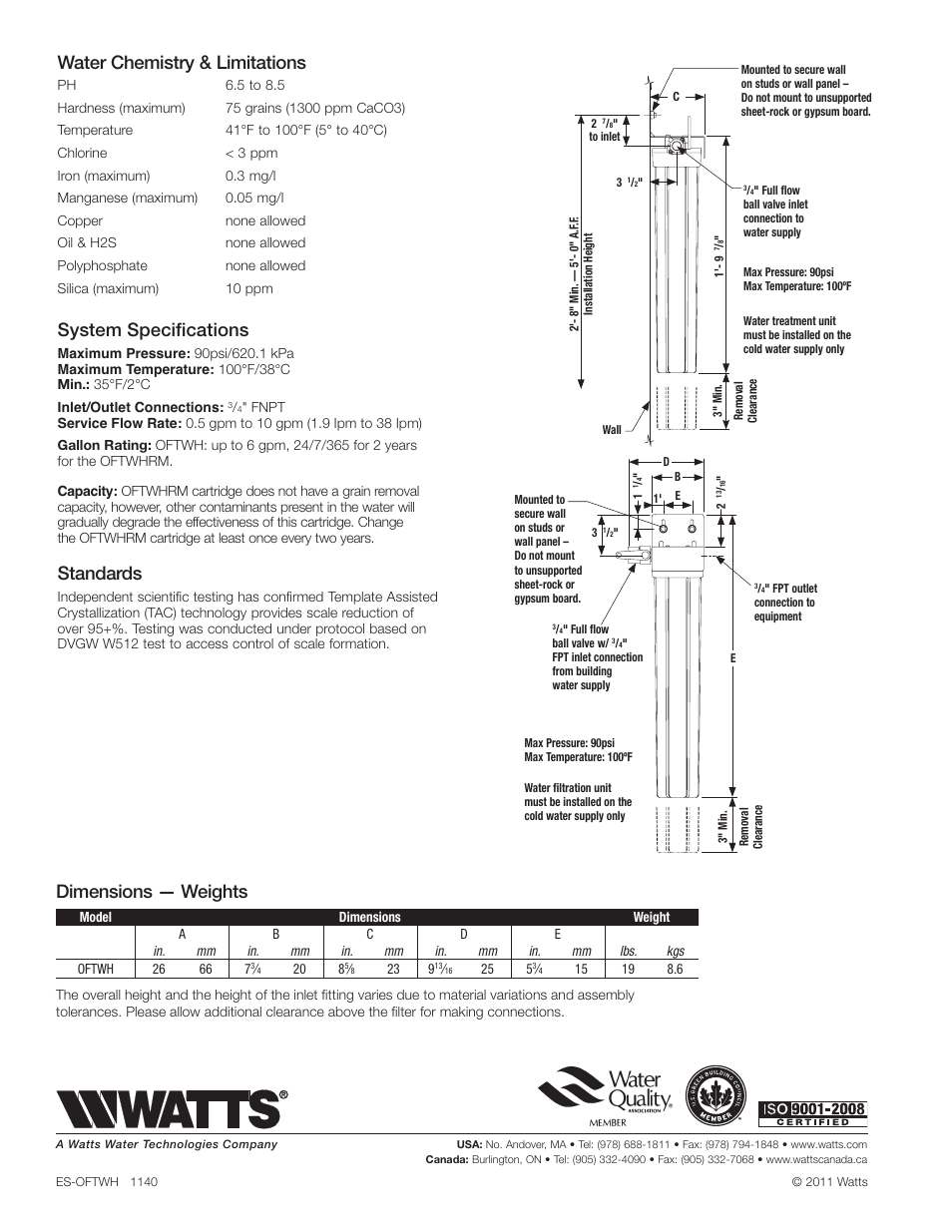 Water chemistry & limitations, System specifications, Standards | Dimensions — weights | Watts OFTWH User Manual | Page 2 / 2