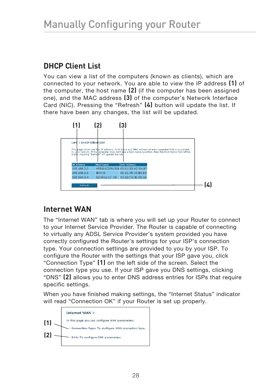 Manually configuring your router, Dhcp client list, Internet wan | Belkin P75125UK User Manual | Page 31 / 92