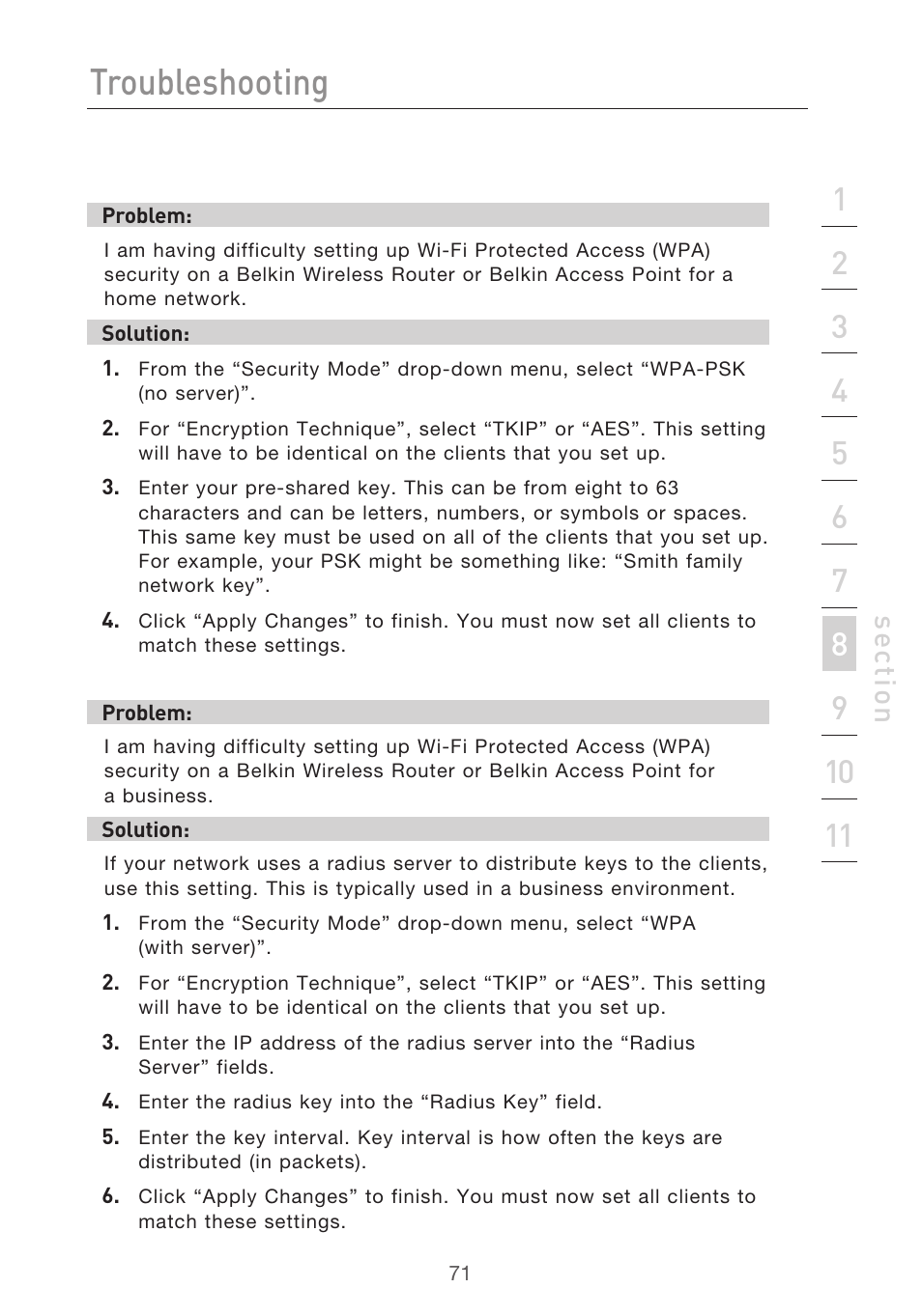 Troubleshooting, Se ct io n | Belkin P75125UK User Manual | Page 74 / 92