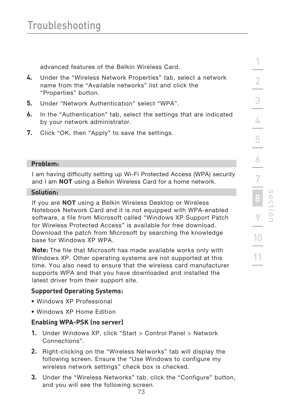 Troubleshooting, Se ct io n | Belkin P75125UK User Manual | Page 76 / 92