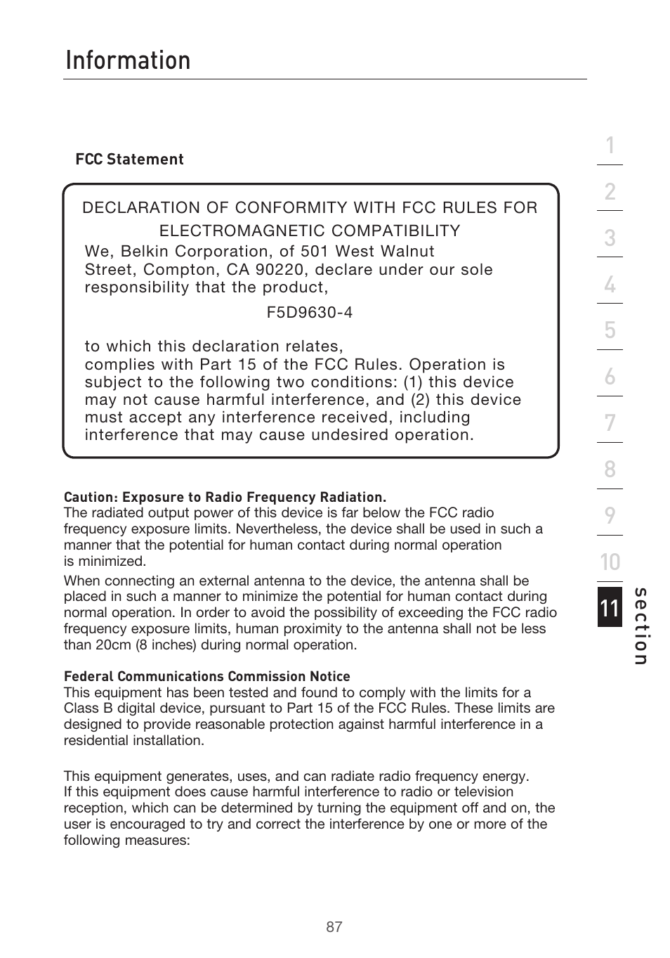 Information, Se ct io n | Belkin P75125UK User Manual | Page 90 / 92