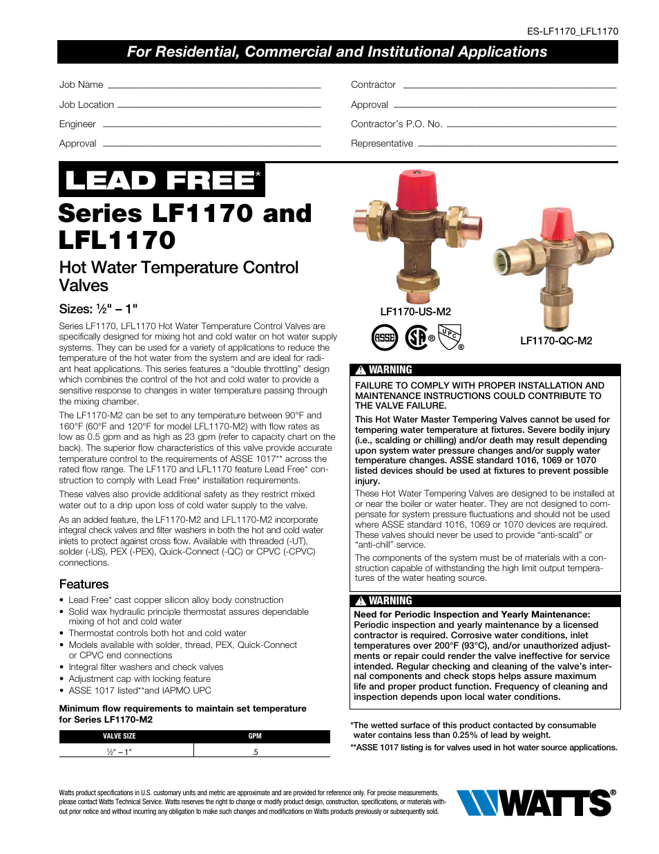 Watts LFL1170 User Manual | 2 pages