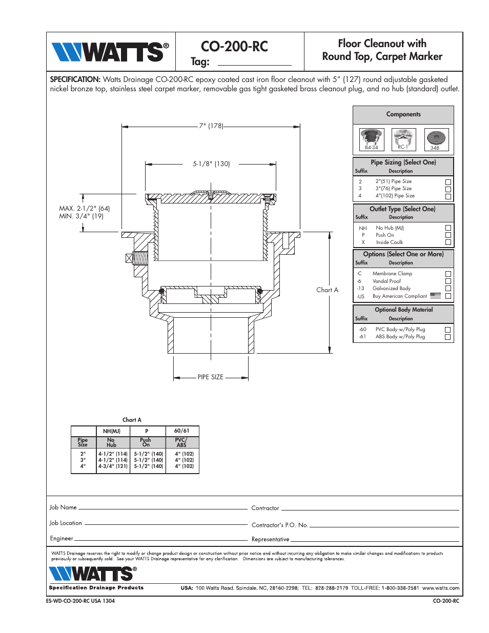 Watts CO-200-RC User Manual | 1 page