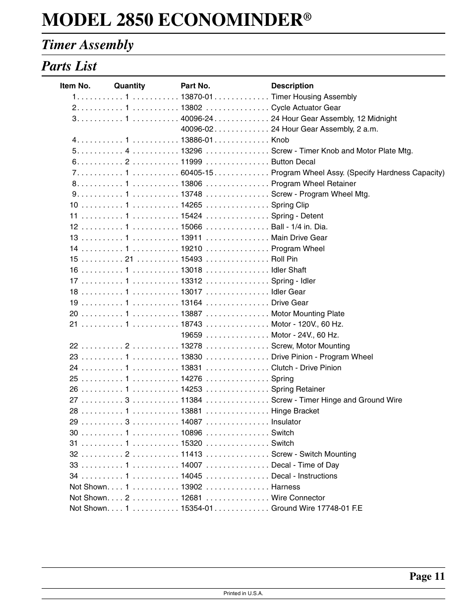 Model 2850 econominder, Timer assembly parts list, Page 11 | Watts Fleck 2850 Brass Valve User Manual | Page 11 / 44