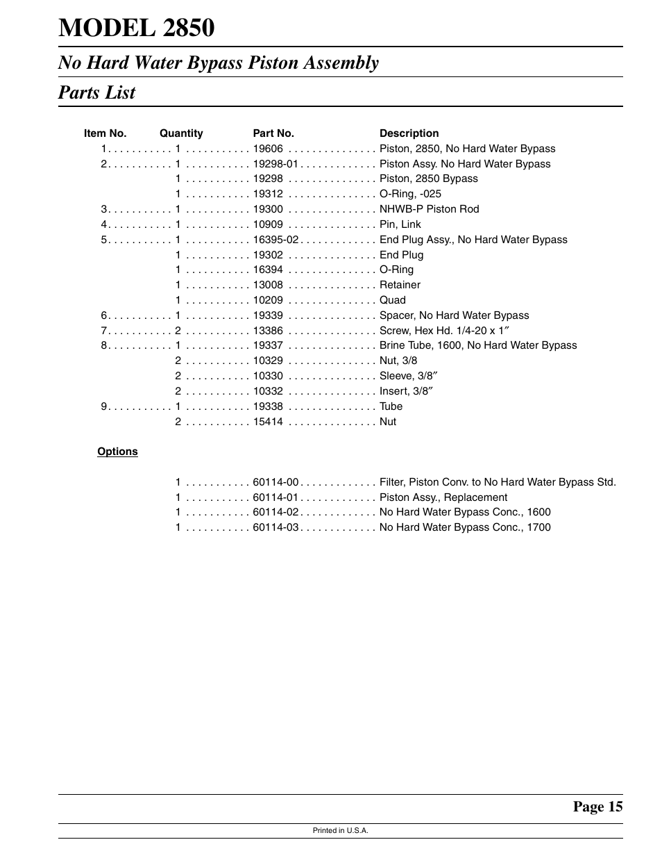 Model 2850, No hard water bypass piston assembly parts list, Page 15 | Watts Fleck 2850 Brass Valve User Manual | Page 15 / 44