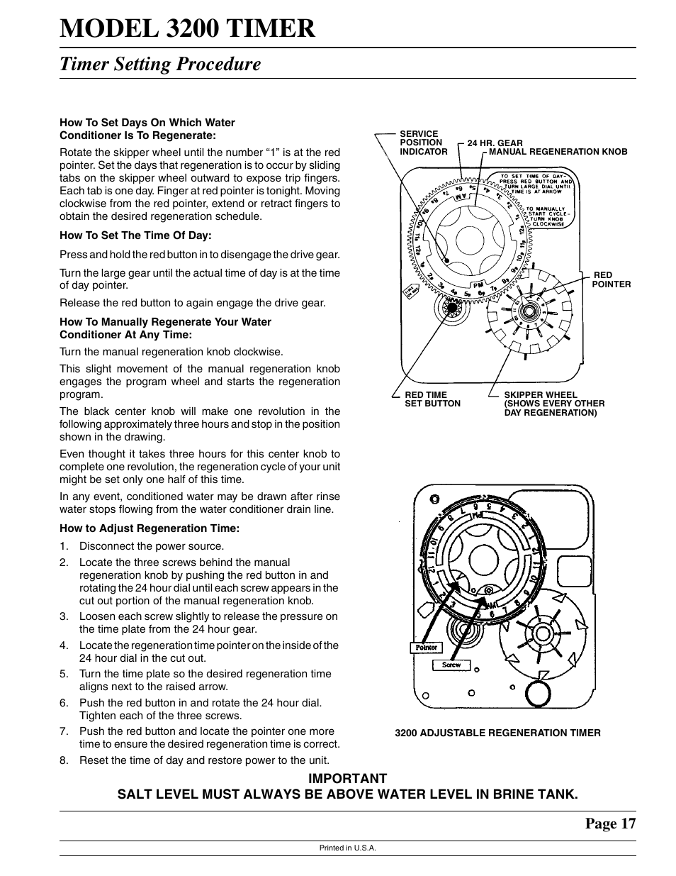 Model 3200 timer, Timer setting procedure, Page 17 | Watts Fleck 2850 Brass Valve User Manual | Page 17 / 44