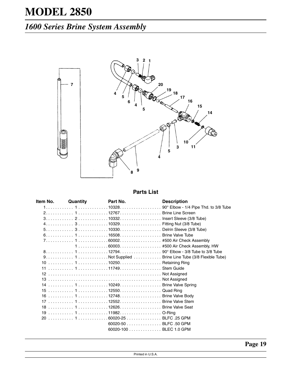 Model 2850, 1600 series brine system assembly, Page 19 | Watts Fleck 2850 Brass Valve User Manual | Page 19 / 44