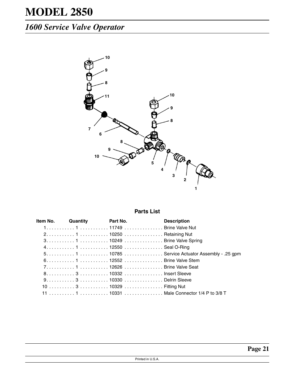 Model 2850, 1600 service valve operator, Page 21 | Watts Fleck 2850 Brass Valve User Manual | Page 21 / 44