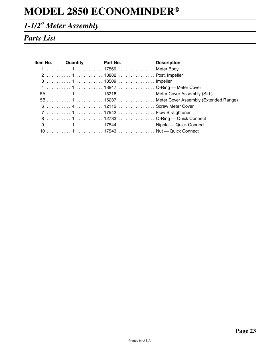 Model 2850 econominder, 1/2 ″ meter assembly parts list | Watts Fleck 2850 Brass Valve User Manual | Page 23 / 44