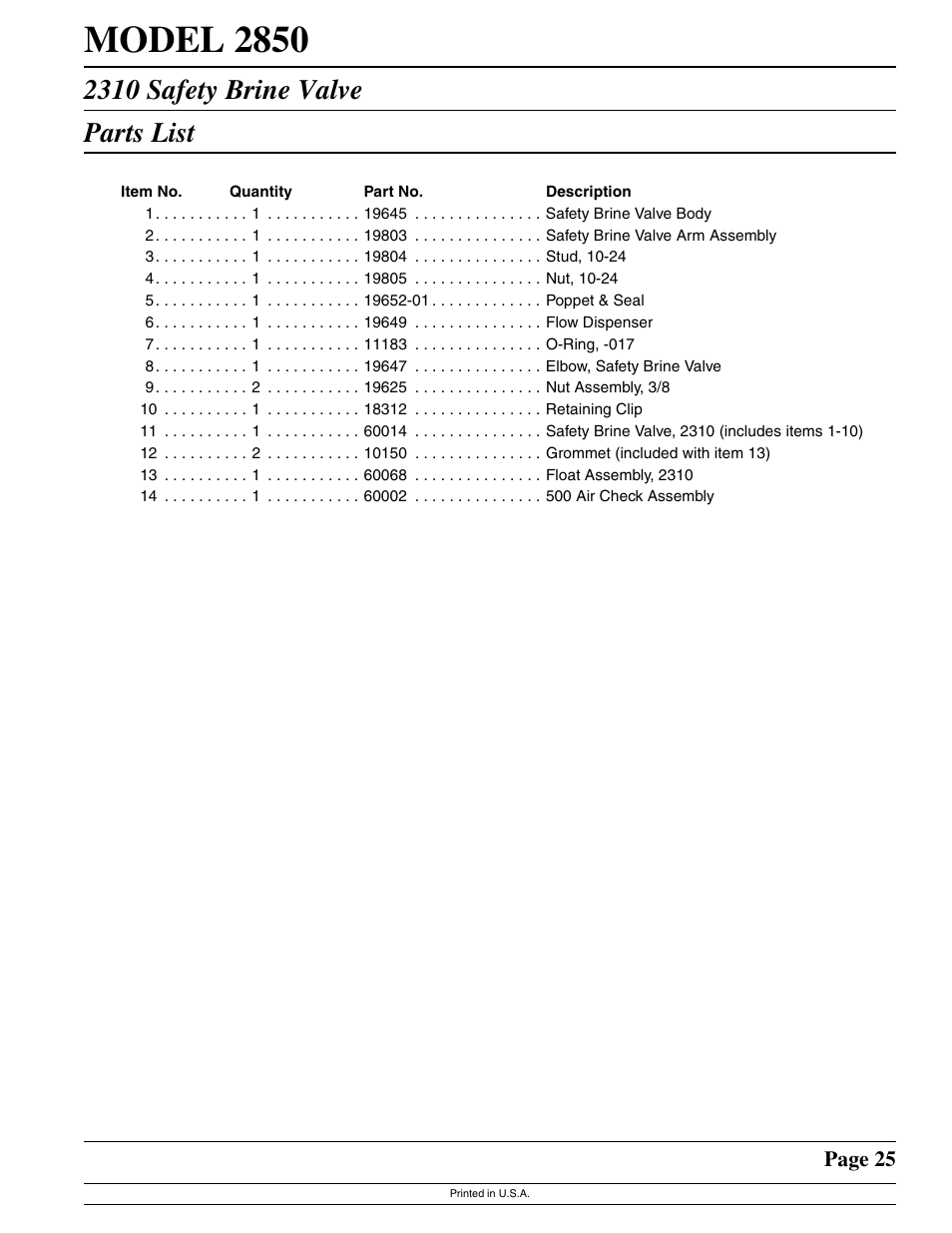 Model 2850, 2310 safety brine valve parts list, Page 25 | Watts Fleck 2850 Brass Valve User Manual | Page 25 / 44