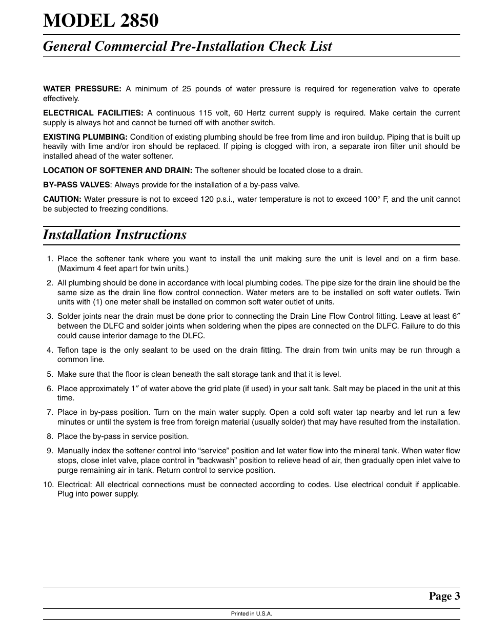 Model 2850, General commercial pre-installation check list, Installation instructions | Page 3 | Watts Fleck 2850 Brass Valve User Manual | Page 3 / 44