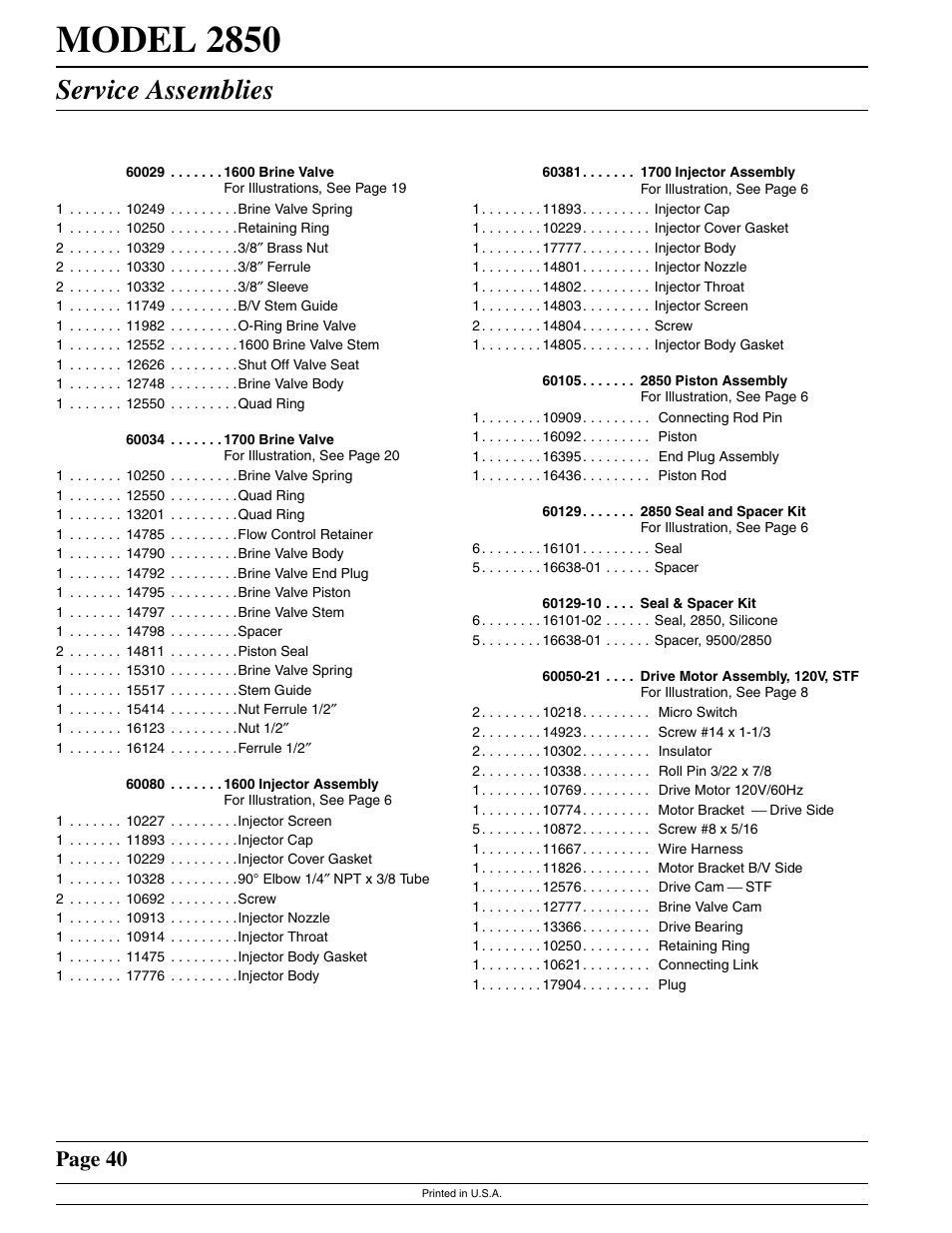 Model 2850, Service assemblies, Page 40 | Watts Fleck 2850 Brass Valve User Manual | Page 40 / 44