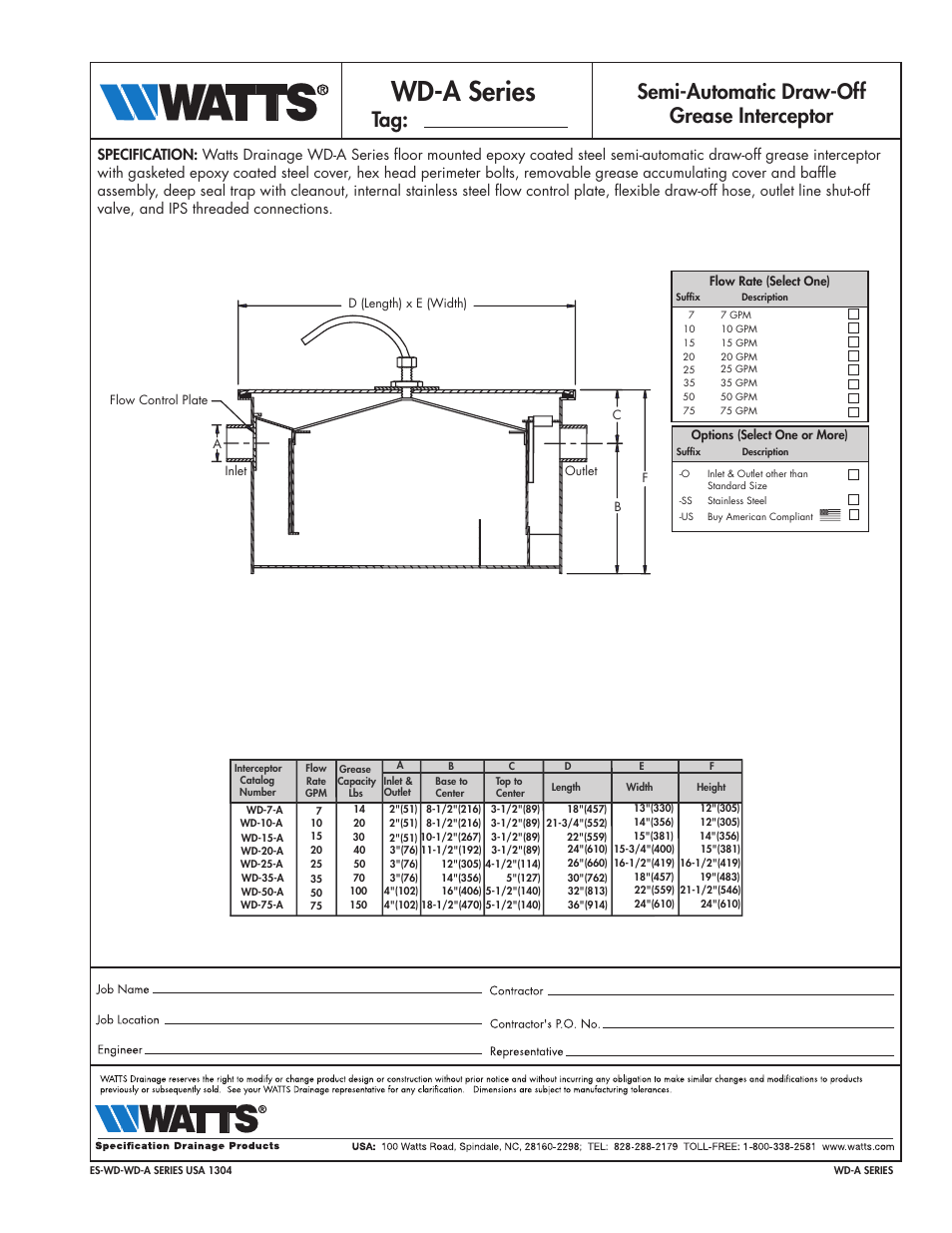 Watts WD-A-SERIES User Manual | 1 page