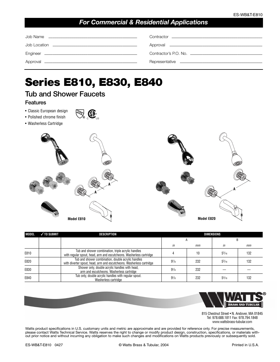 Watts E820 User Manual | 1 page