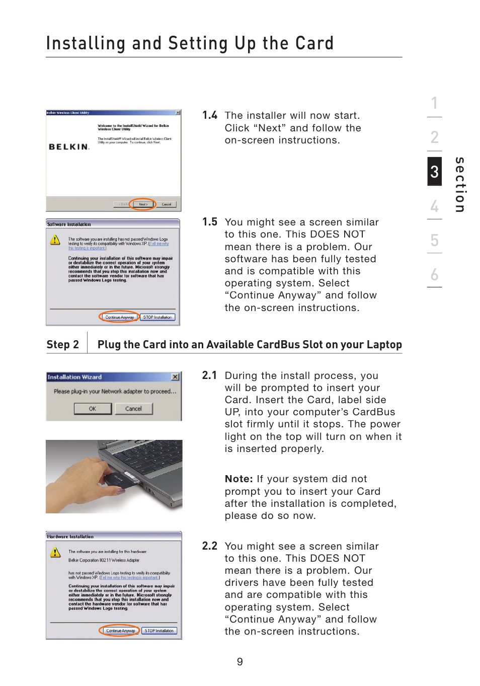 Installing and setting up the card, Se ct io n | Belkin F5D8010 User Manual | Page 11 / 45