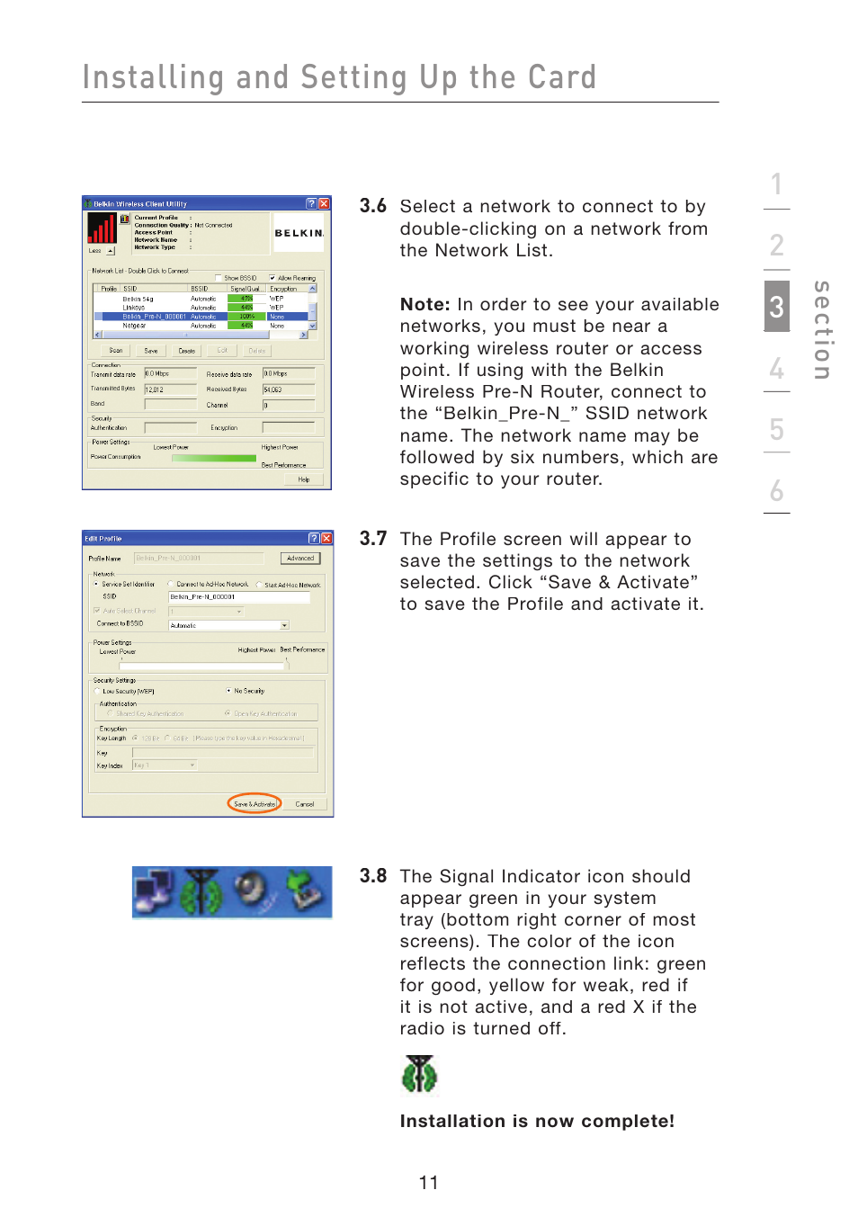 Installing and setting up the card, Se ct io n | Belkin F5D8010 User Manual | Page 13 / 45