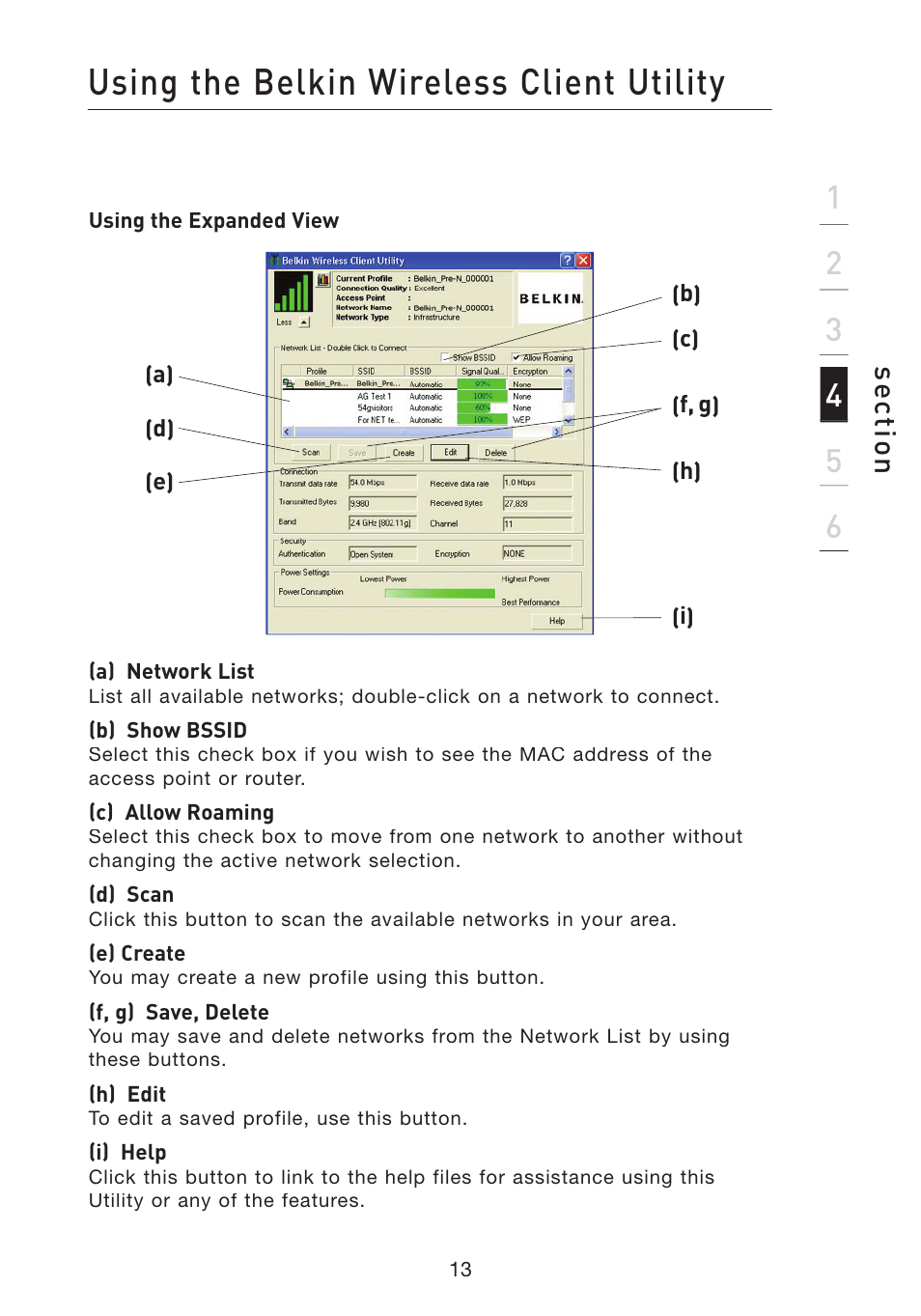 Using the belkin wireless client utility, Se ct io n | Belkin F5D8010 User Manual | Page 15 / 45