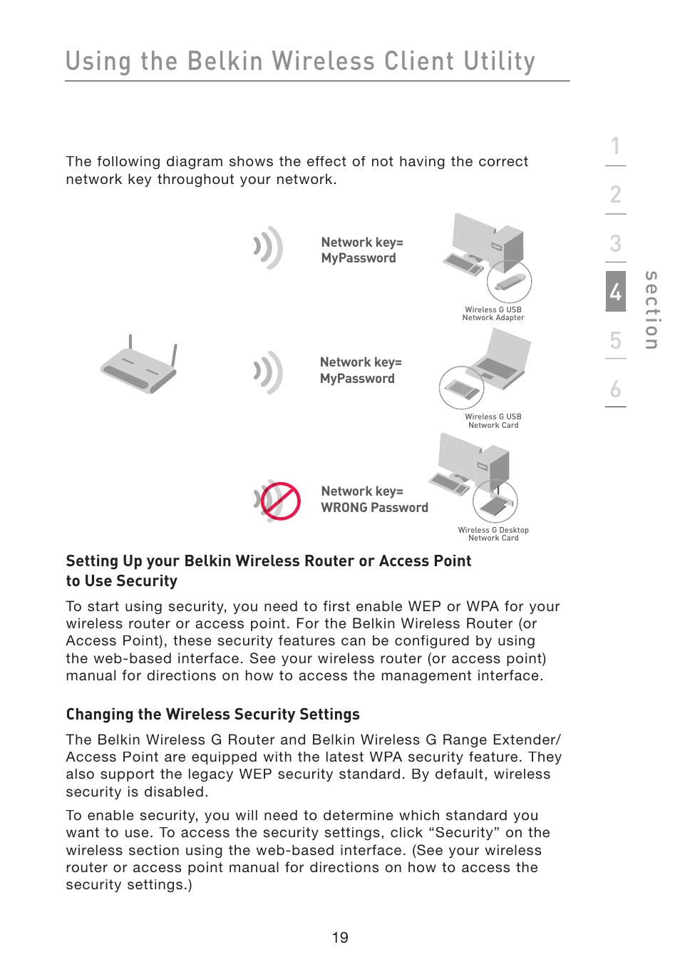 Using the belkin wireless client utility, Se ct io n | Belkin F5D8010 User Manual | Page 21 / 45