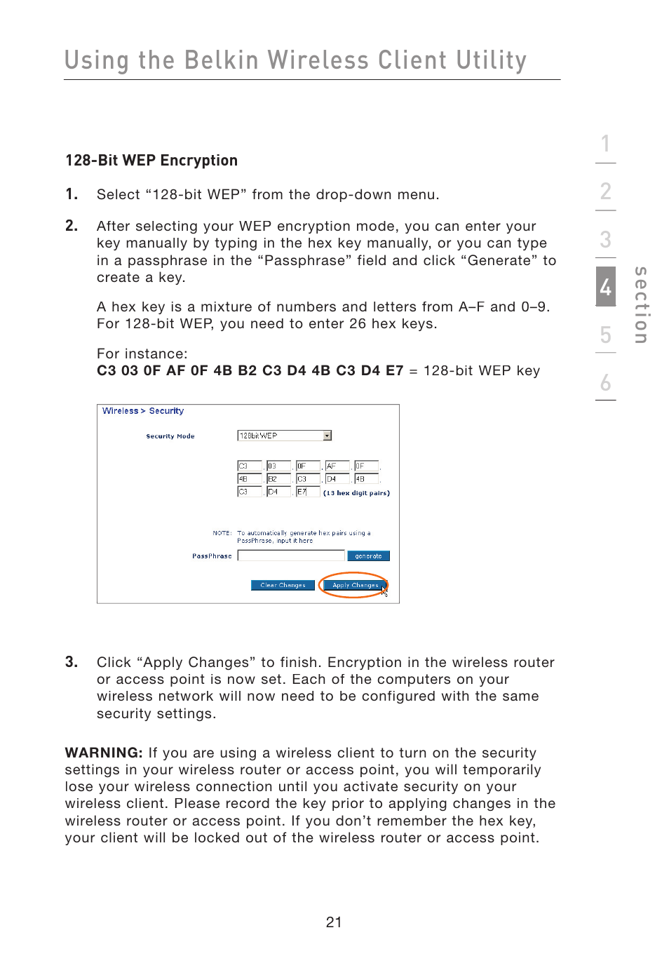 Using the belkin wireless client utility, Se ct io n | Belkin F5D8010 User Manual | Page 23 / 45