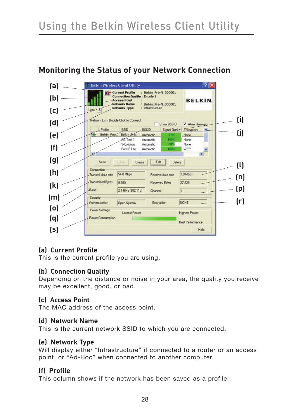 Using the belkin wireless client utility | Belkin F5D8010 User Manual | Page 30 / 45