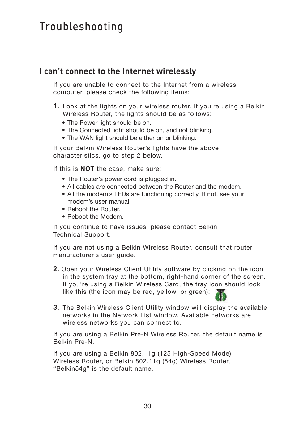 Troubleshooting, I can’t connect to the internet wirelessly | Belkin F5D8010 User Manual | Page 32 / 45