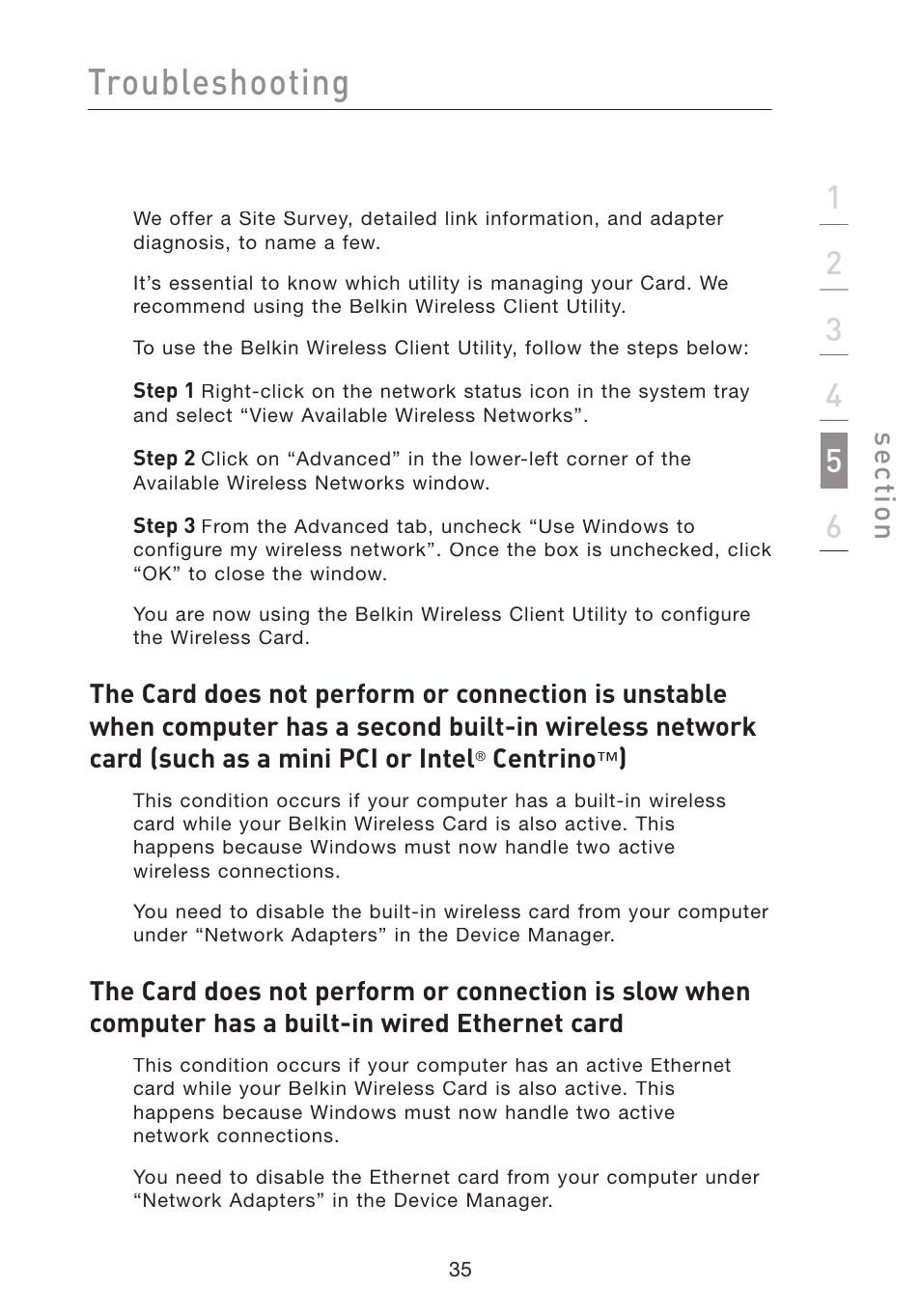 Troubleshooting, Se ct io n | Belkin F5D8010 User Manual | Page 37 / 45