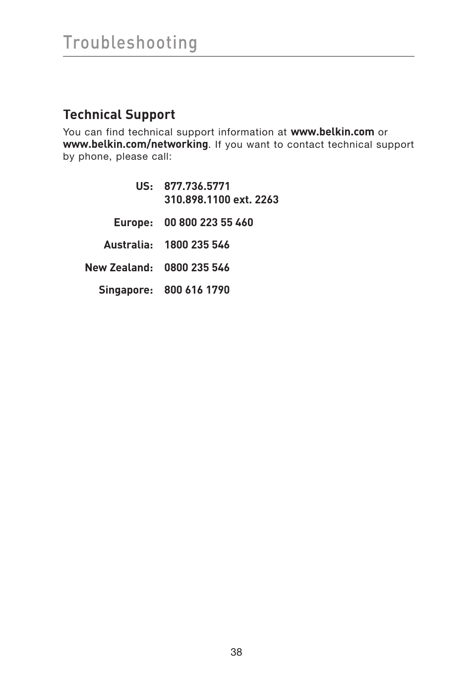 Troubleshooting, Technical support | Belkin F5D8010 User Manual | Page 40 / 45