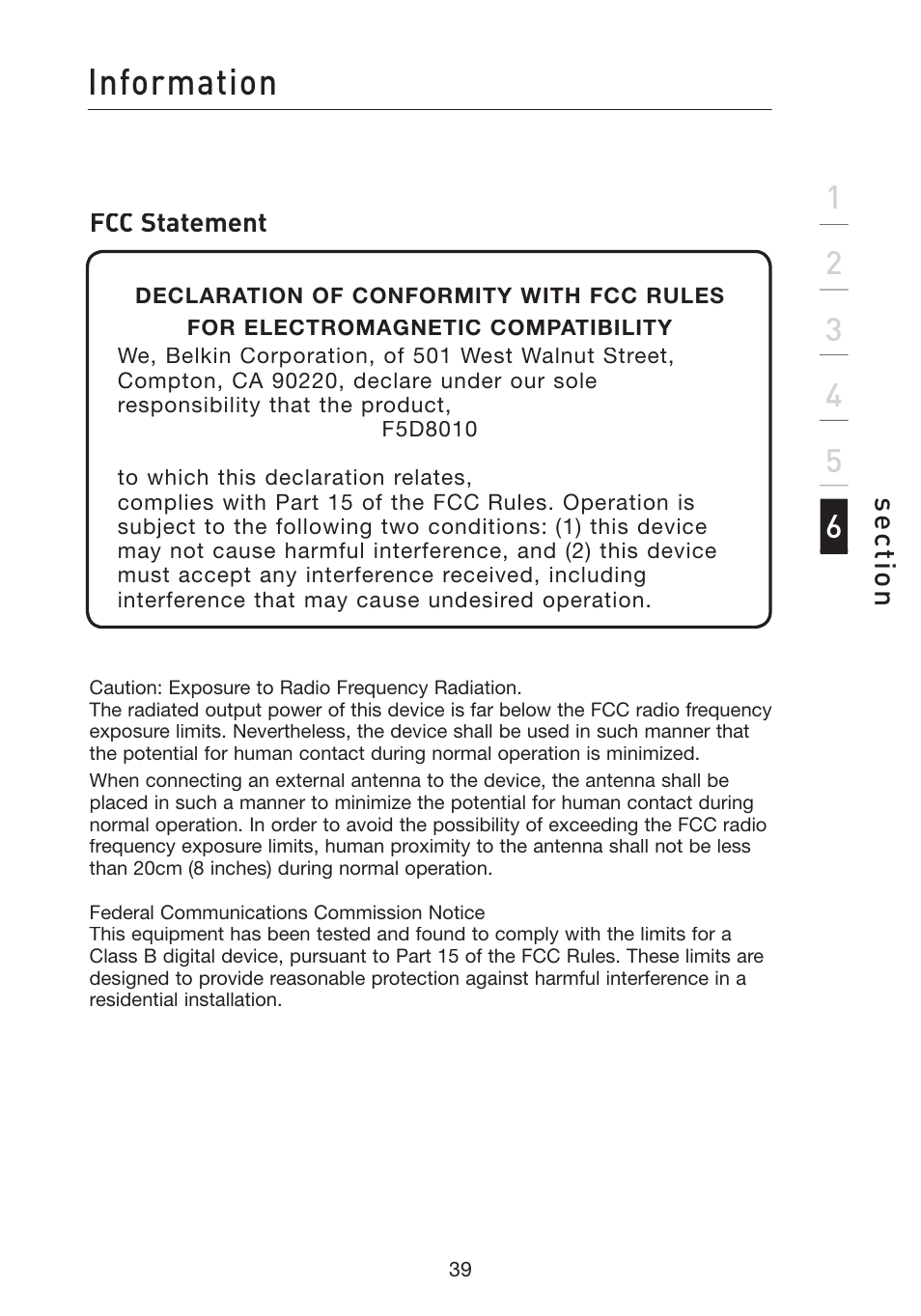 Information, Se ct io n | Belkin F5D8010 User Manual | Page 41 / 45