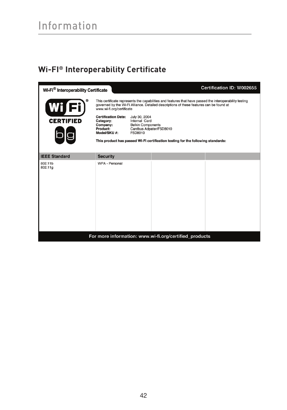 Information | Belkin F5D8010 User Manual | Page 44 / 45