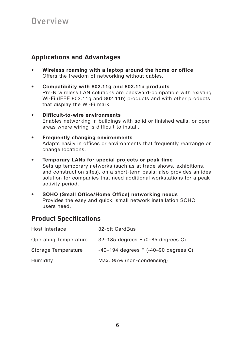 Overview, Applications and advantages, Product specifications | Belkin F5D8010 User Manual | Page 8 / 45