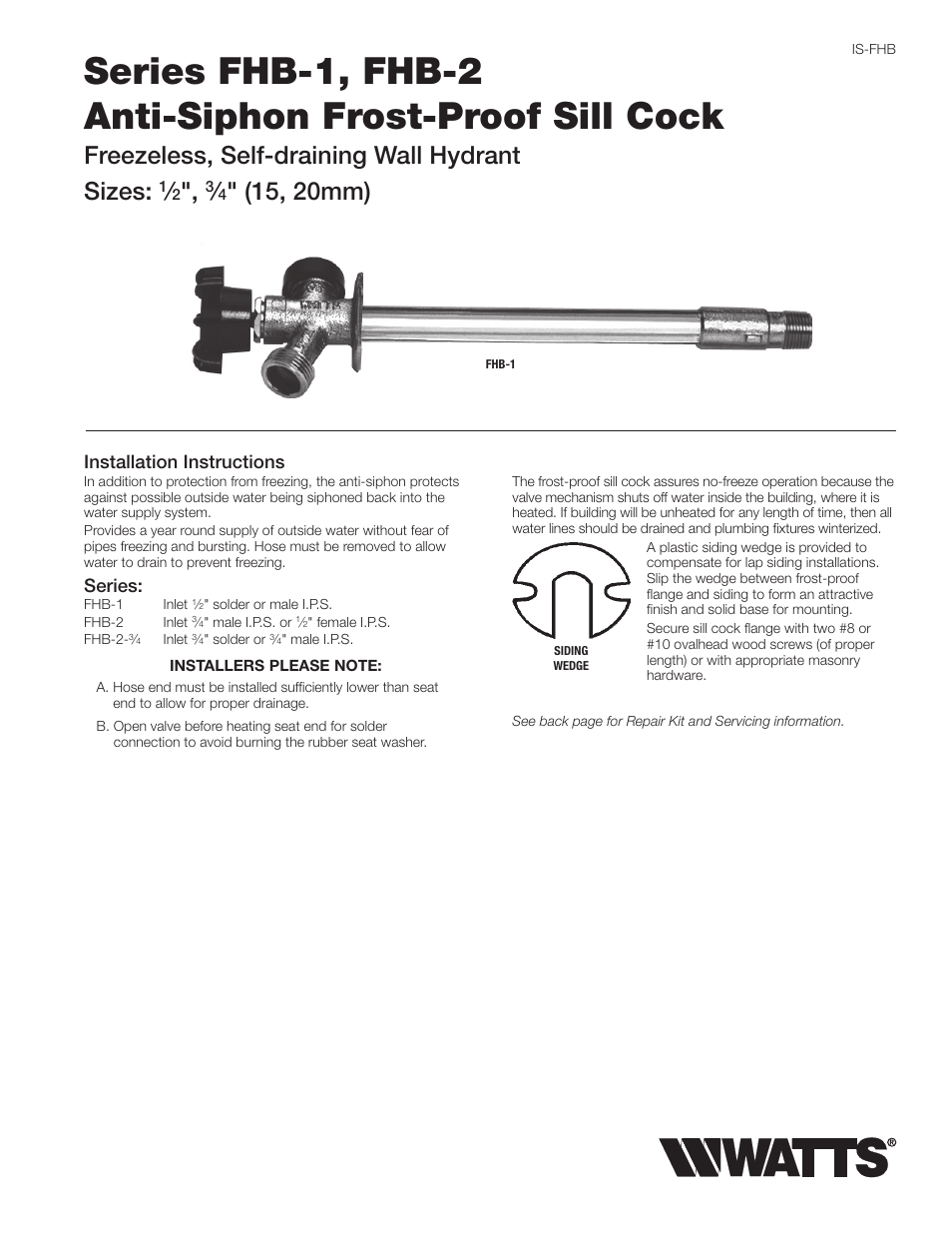 Watts FHB User Manual | 2 pages