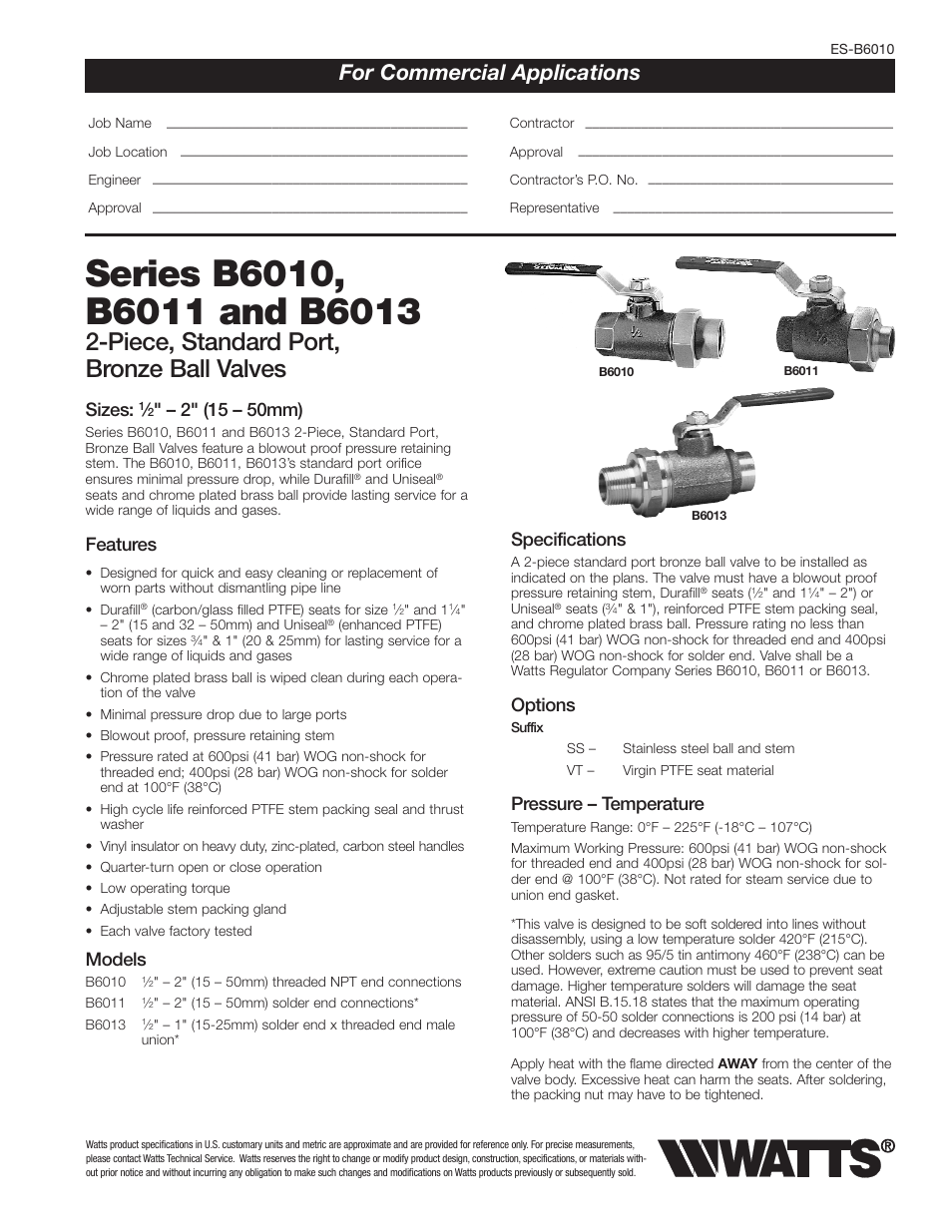 Watts B6013 User Manual | 2 pages