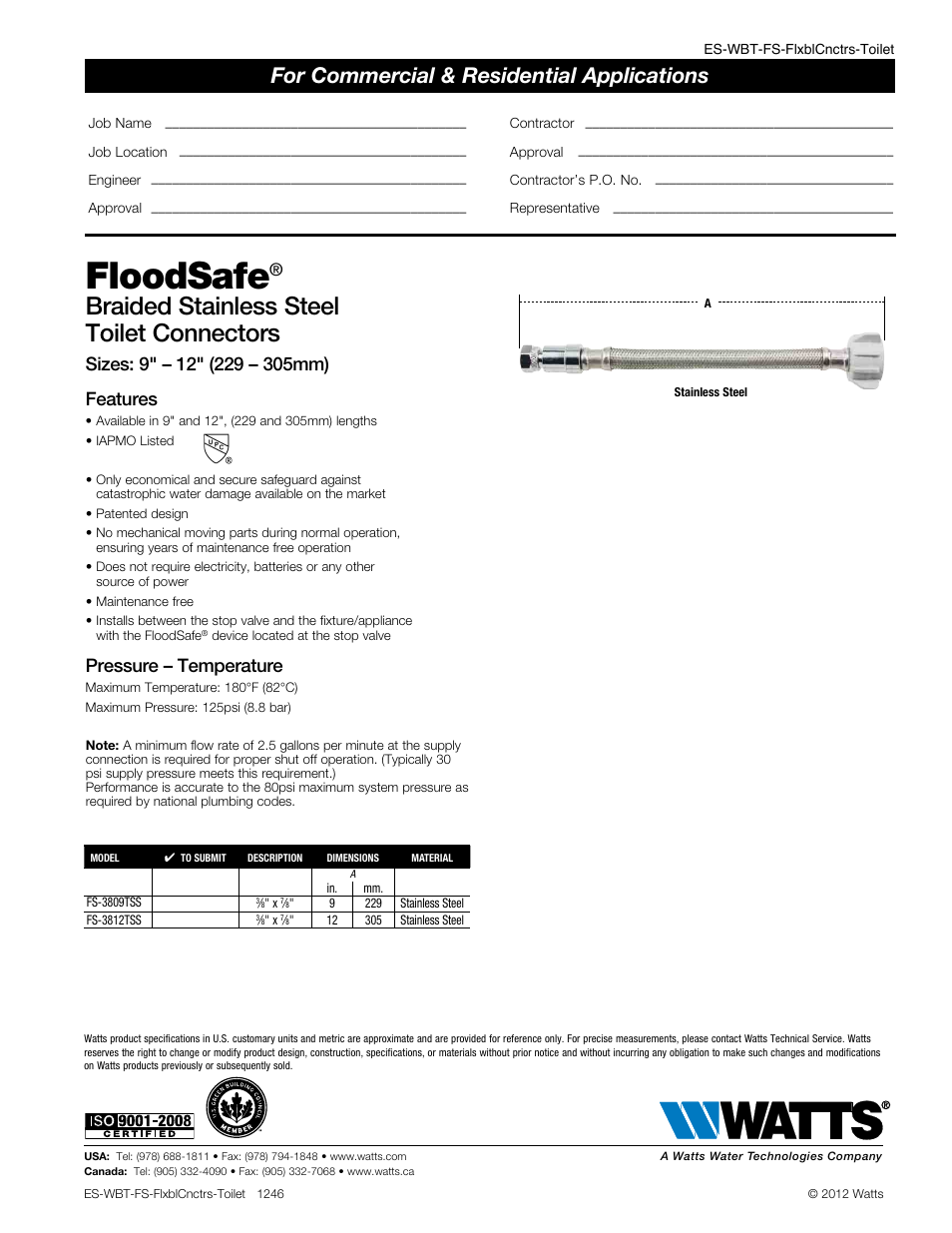 Watts FS-3812TSS User Manual | 1 page