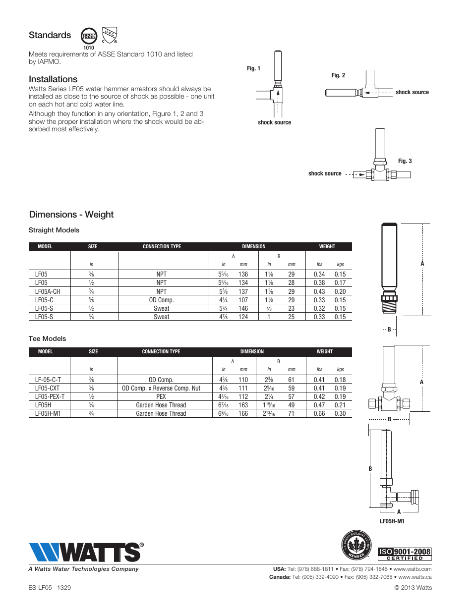 Dimensions - weight standards, Installations | Watts LF05 User Manual | Page 2 / 2