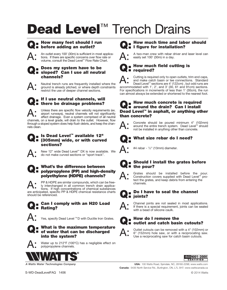 Dead level, Trench drains, Q: a: a: a: a: a: a: a: a: a: a: a: a: a: a | Watts Dead LevelP User Manual | Page 2 / 2