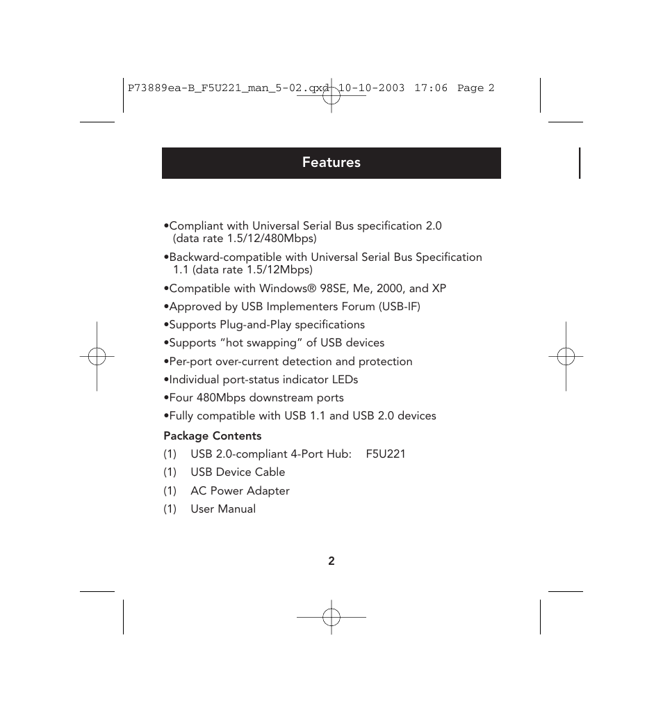 Features | Belkin 4-Port USB 2.0 Hub P73889ea-B User Manual | Page 6 / 14