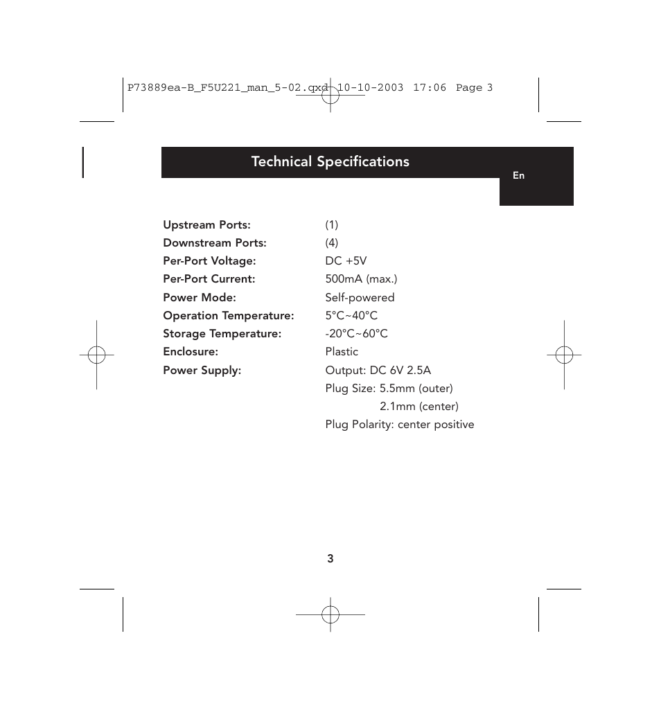 Technical specifications | Belkin 4-Port USB 2.0 Hub P73889ea-B User Manual | Page 7 / 14