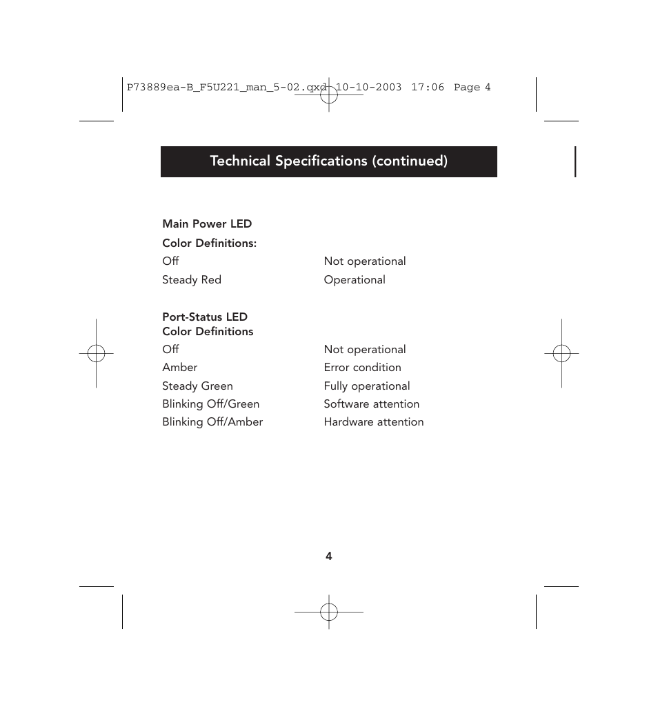 Technical specifications (continued) | Belkin 4-Port USB 2.0 Hub P73889ea-B User Manual | Page 8 / 14