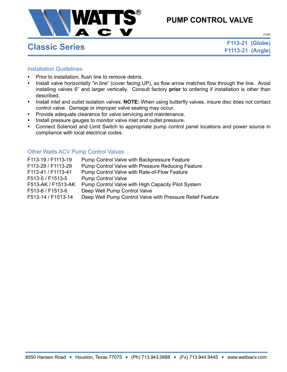 Classic series, Pump control valve | Watts F1113-21 User Manual | Page 2 / 2