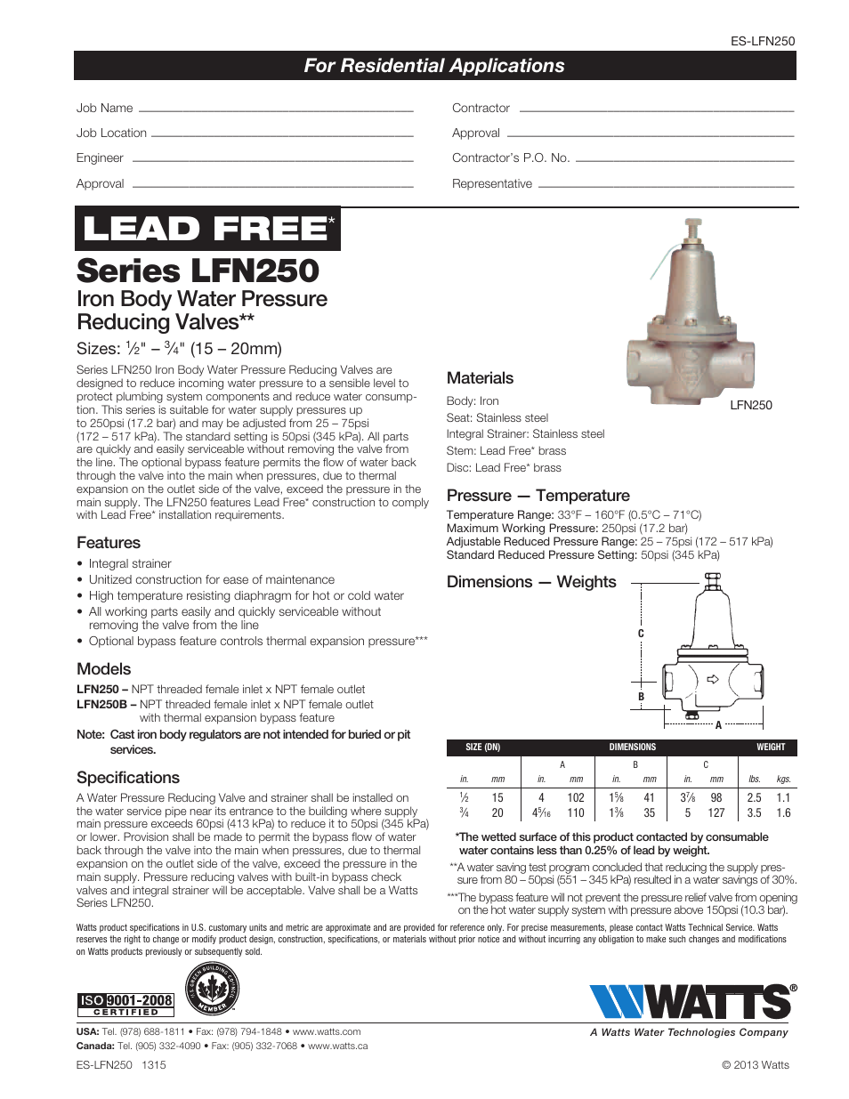 Watts LFN250 User Manual | 1 page