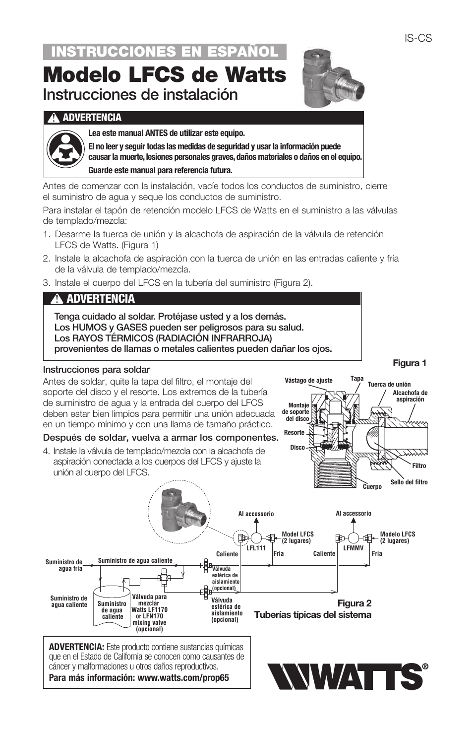 Modelo lfcs de watts, Instrucciones de instalación, Instrucciones en español | Is-cs, Advertencia | Watts LFCS User Manual | Page 2 / 4